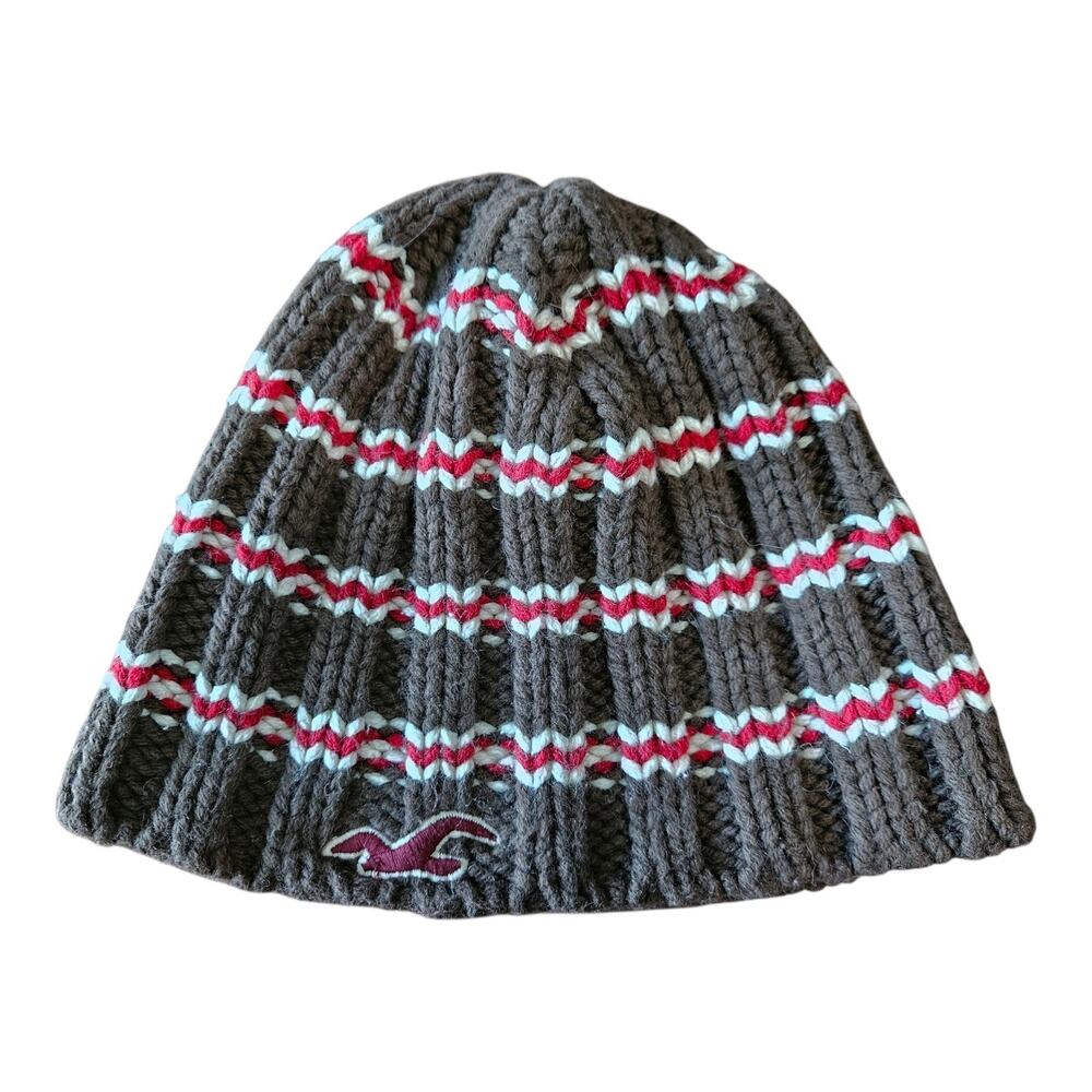 HOLLISTER Y2K Beanie Hat Brown Red White Embroidered Seagull Logo One Size OS